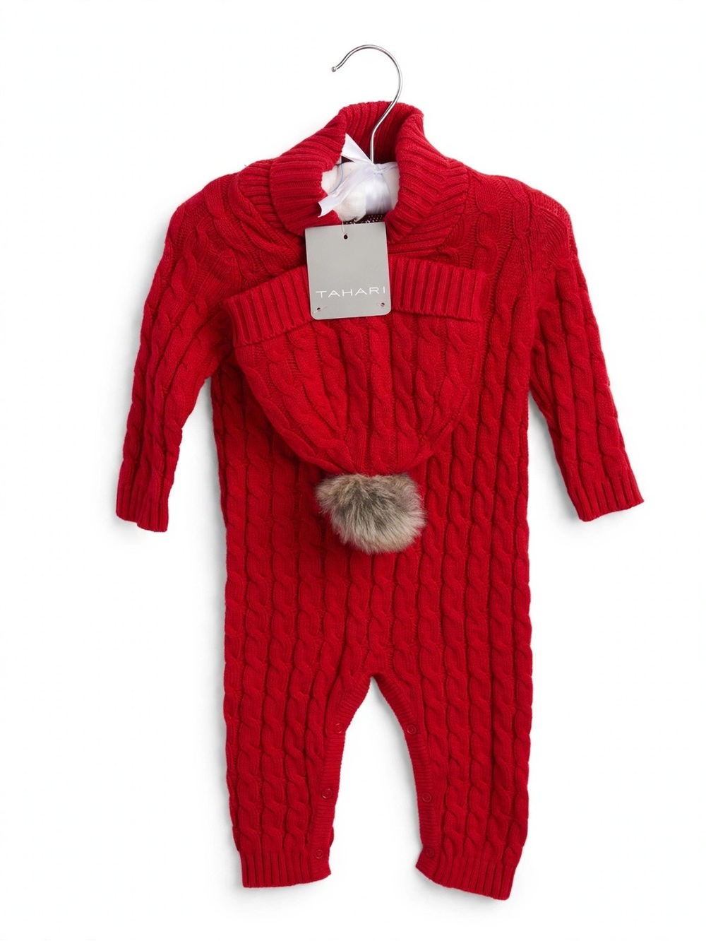 Tahari Red Cable-Knit One-Piece with Pom Hat size 3-6 months NWT